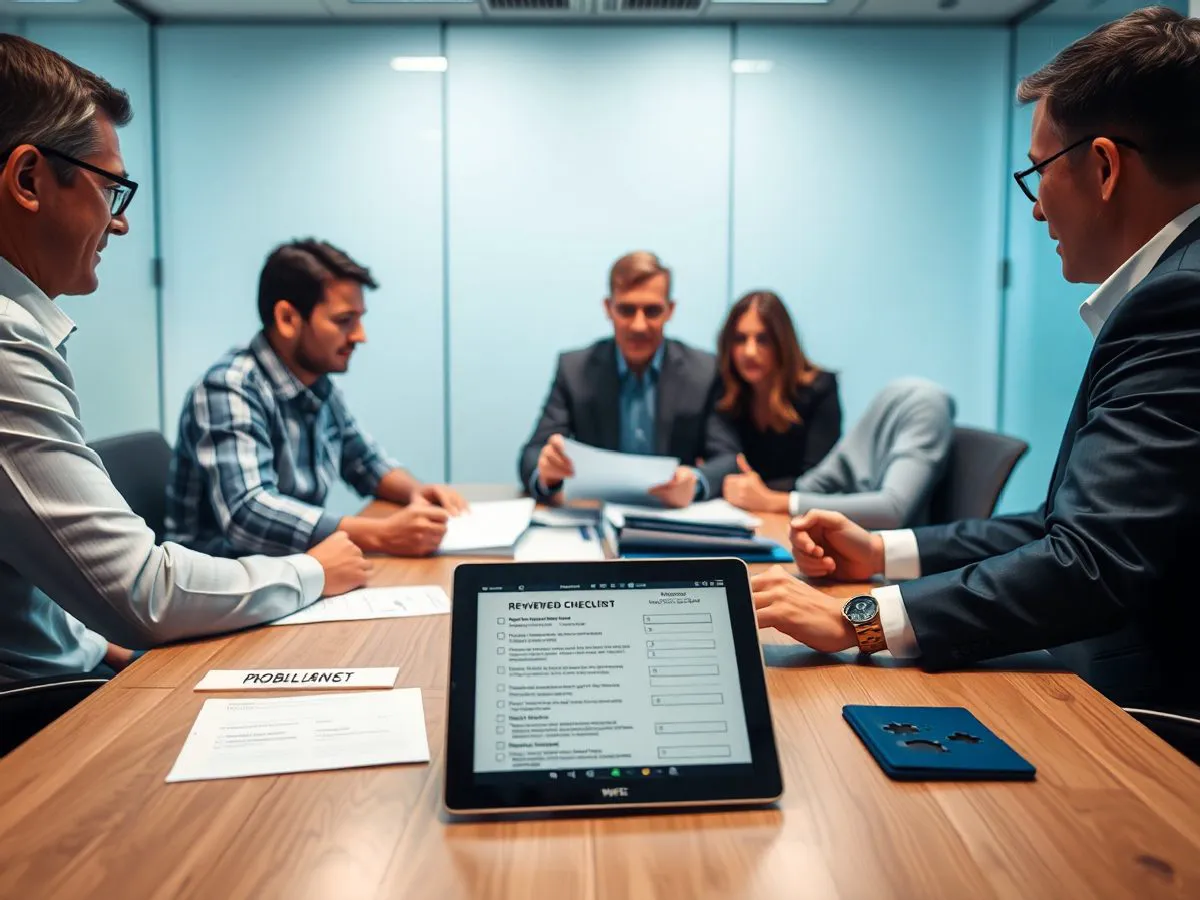 设备制造商资料库审计支持案例,团队在会议室审阅文档